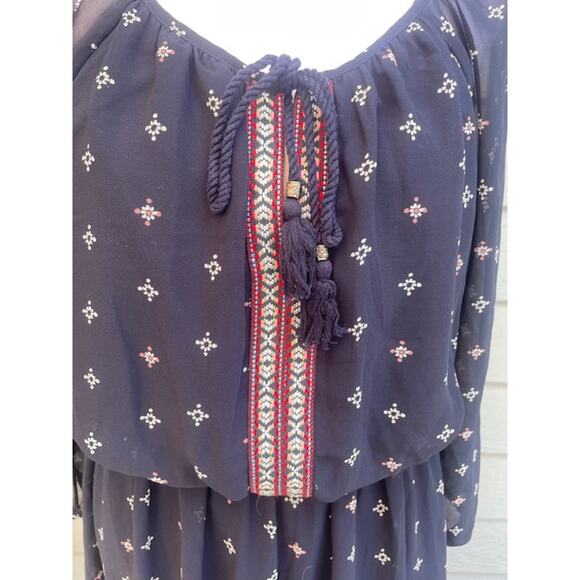 DR2 Size Petite Small Midi Dress Navy Blue Print Long-Sleeve‎ - Picture 2 of 6